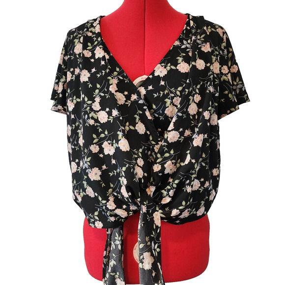 PAPAYA Black Wrap V Neck Floral Short Sleeve Blouse Size L - Picture 1 of 6